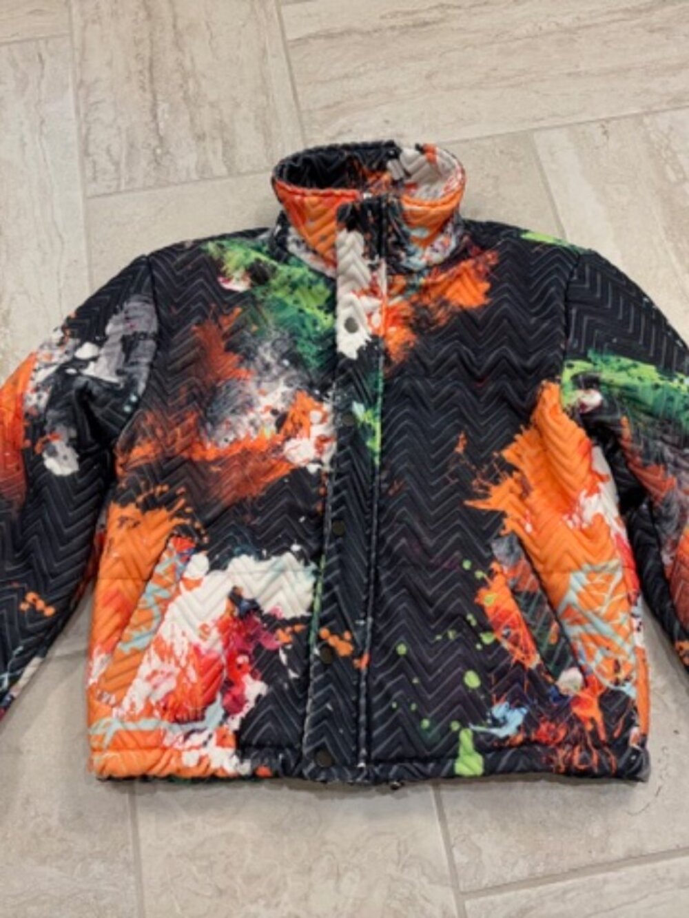 Men's Quilted Puffer Jacket in Black with Orange & Multicolor Splash